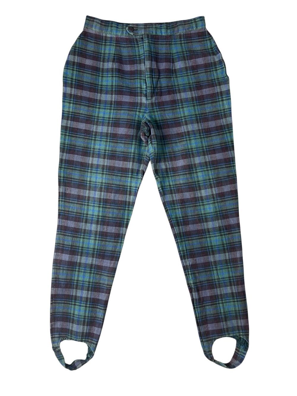 Vintage Women's Tartan Plaid Stirrup Pants by Kikomo  7/8 Petite  Teal Purple